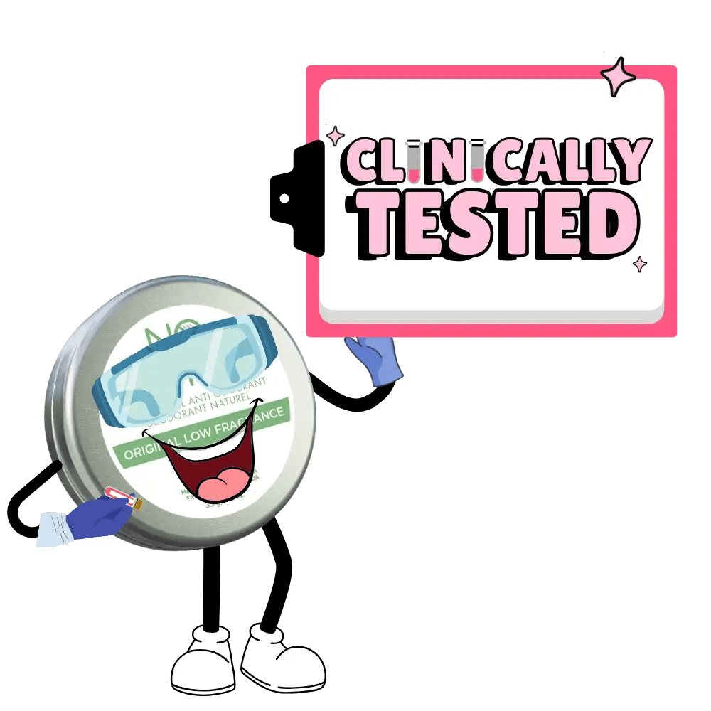 The No Pong tin character in lab goggles holding a Clinically Tested sign