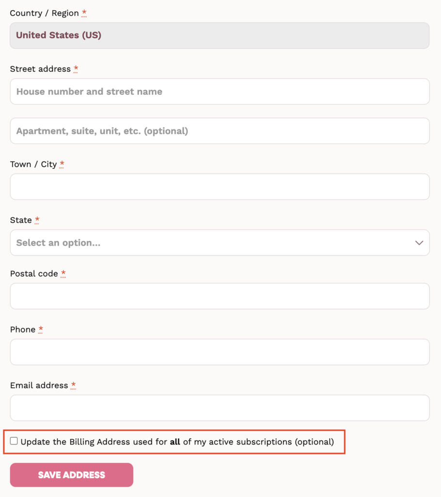 Screenshot of the My Account address form, with the option to update the billing address for all active subscriptions highlighted